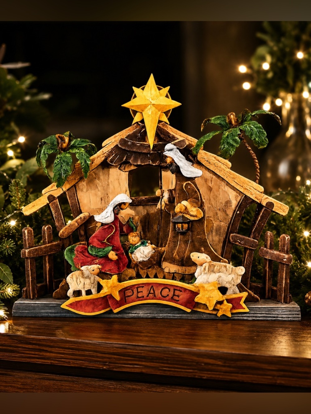 Vintage Musical Moving Wooden Nativity Scene “Peace” Tabletop Display Decor